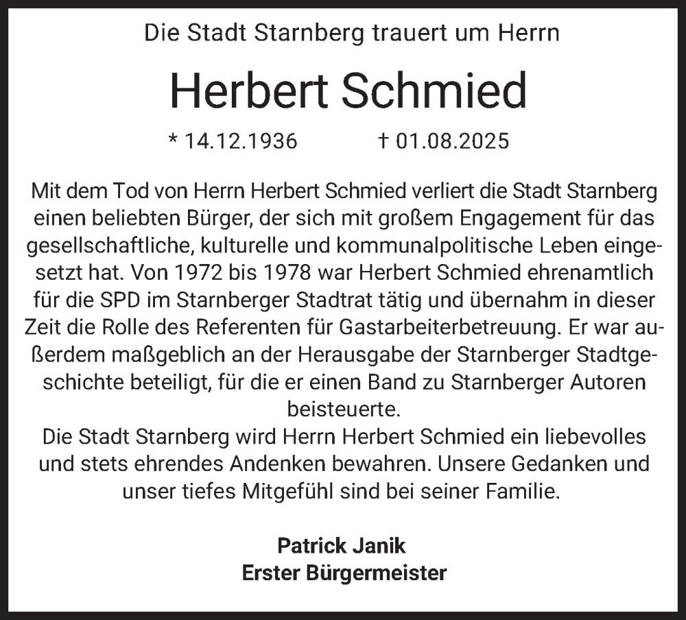  Traueranzeige für Herbert Schmied vom 08.08.2025 aus merkurtz