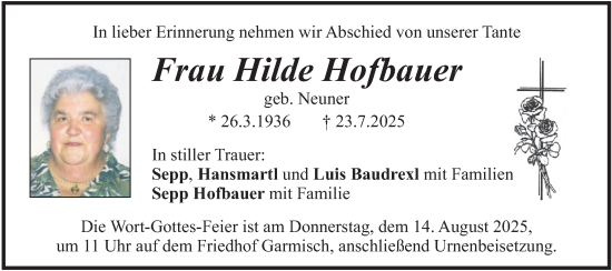 Traueranzeige von Hilde Hofbauer von merkurtz