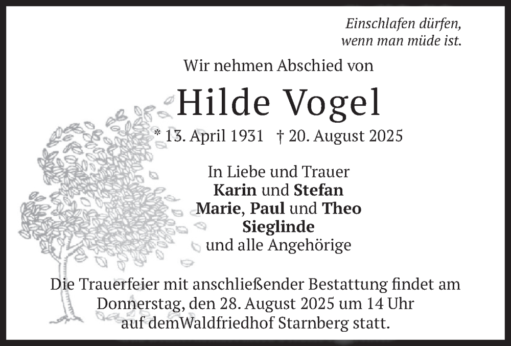  Traueranzeige für Hilde Vogel vom 26.08.2025 aus merkurtz