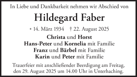 Traueranzeige von Hildegard Faber von merkurtz