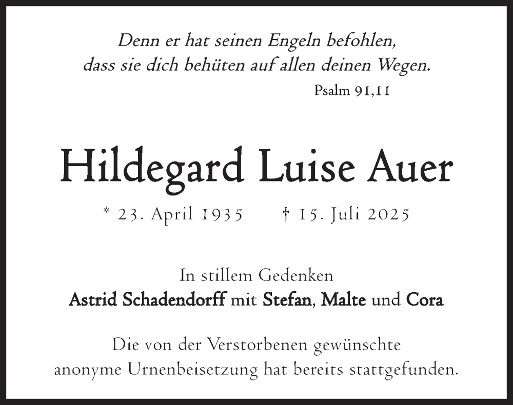  Traueranzeige für Hildegard Luise Auer vom 02.08.2025 aus merkurtz