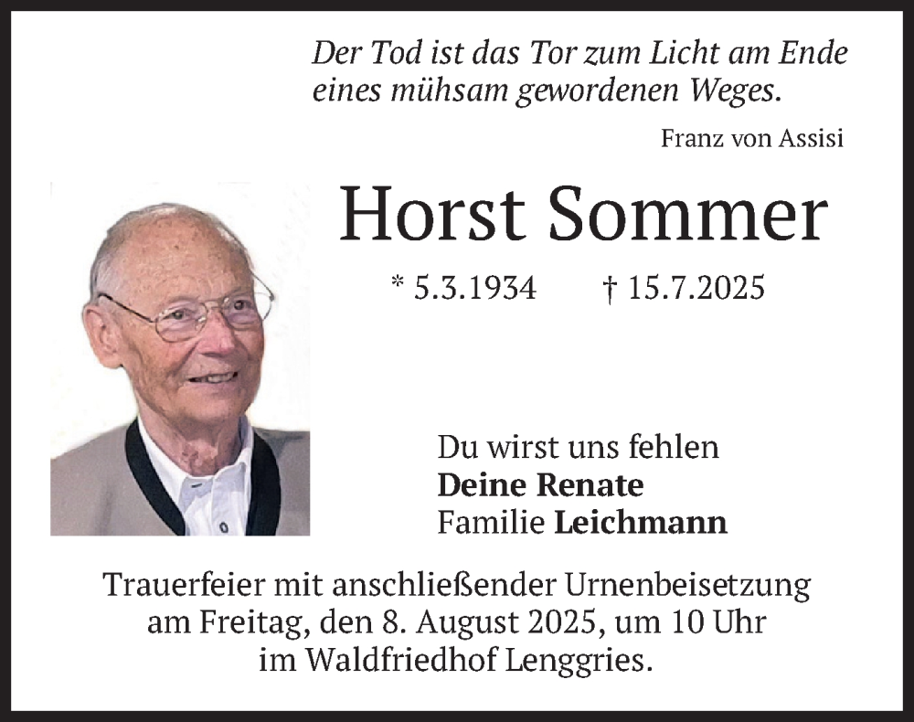  Traueranzeige für Horst Sommer vom 02.08.2025 aus merkurtz
