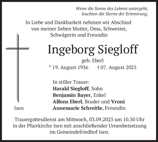 Traueranzeige von Ingeborg Siegloff von merkurtz