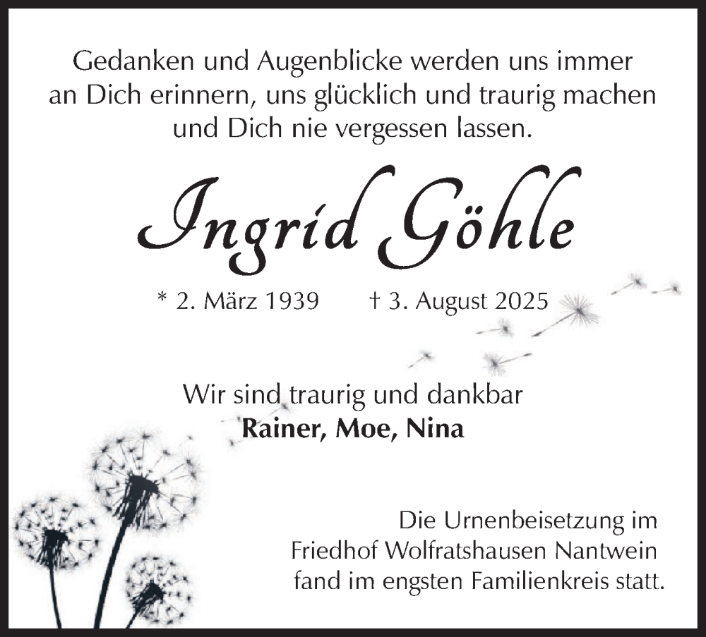  Traueranzeige für Ingrid Göhle vom 23.08.2025 aus merkurtz