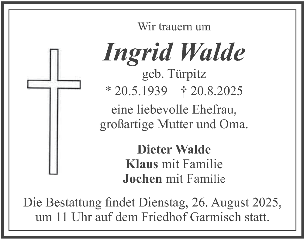  Traueranzeige für Ingrid Walde vom 23.08.2025 aus merkurtz