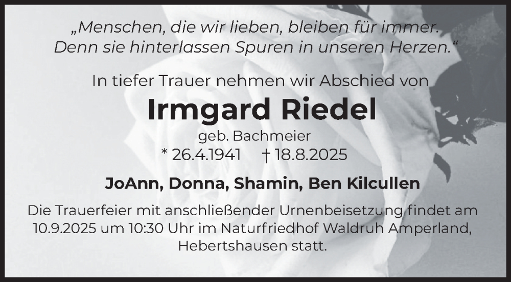  Traueranzeige für Irmgard Riedel vom 30.08.2025 aus merkurtz