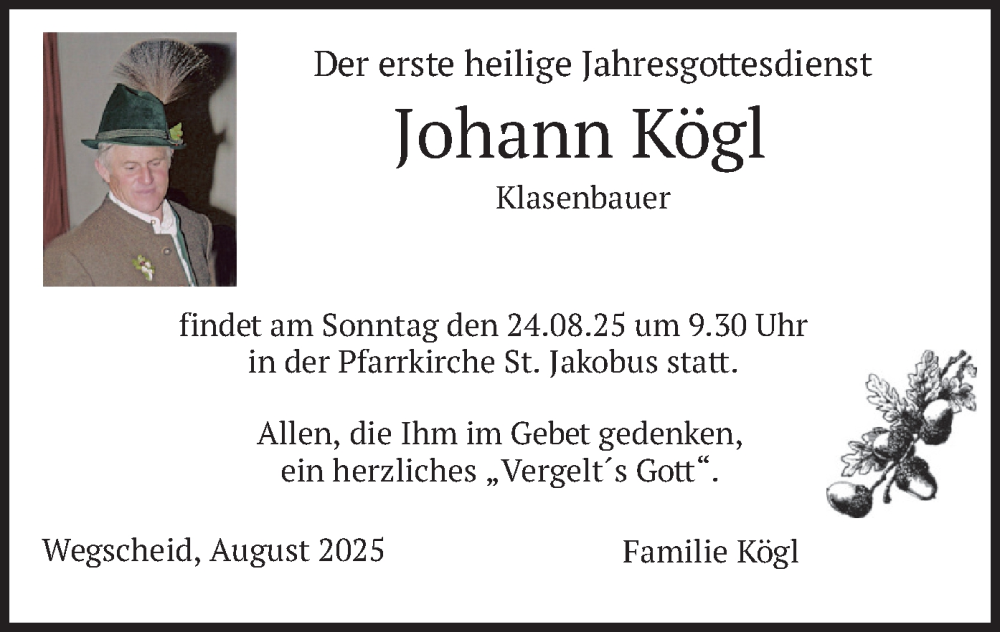 Traueranzeige für Johann Kögl vom 21.08.2025 aus merkurtz