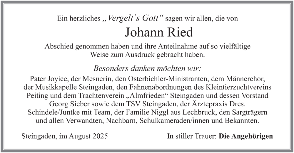 Traueranzeige für Johann Ried vom 22.08.2025 aus merkurtz