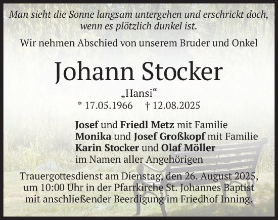 Traueranzeige von Johann Stocker von merkurtz