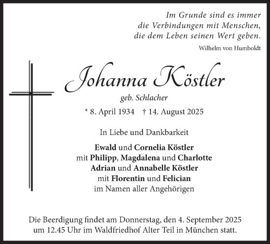 Traueranzeige von Johanna Köstler von merkurtz