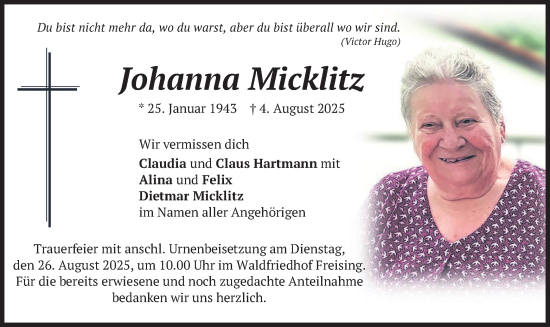 Traueranzeige von Johanna Micklitz von merkurtz