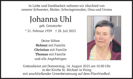 Traueranzeige von Johanna Uhl von merkurtz