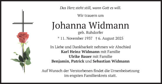 Traueranzeige von Johanna Widmann von merkurtz