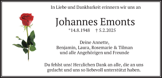 Traueranzeige von Johannes Emonts von merkurtz