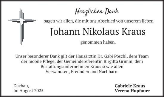 Traueranzeige von Johann Nikolaus Kraus von merkurtz