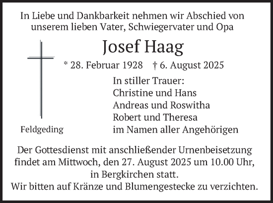 Traueranzeige von Josef Haag von merkurtz