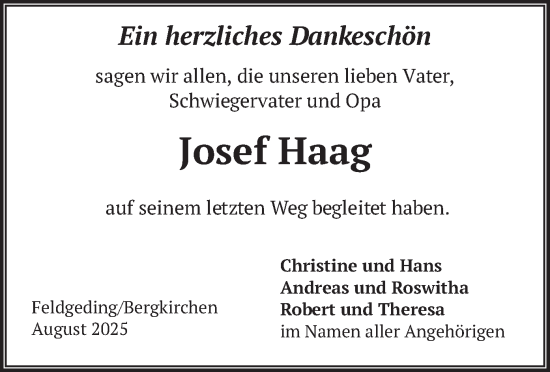 Traueranzeige von Josef Haag von merkurtz