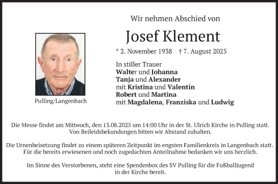 Traueranzeige von Josef Klement von merkurtz