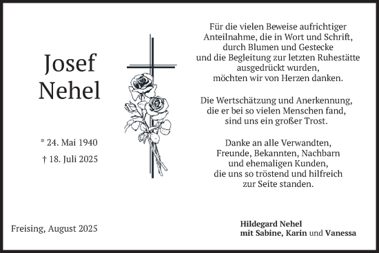 Traueranzeige von Josef Nehel von merkurtz