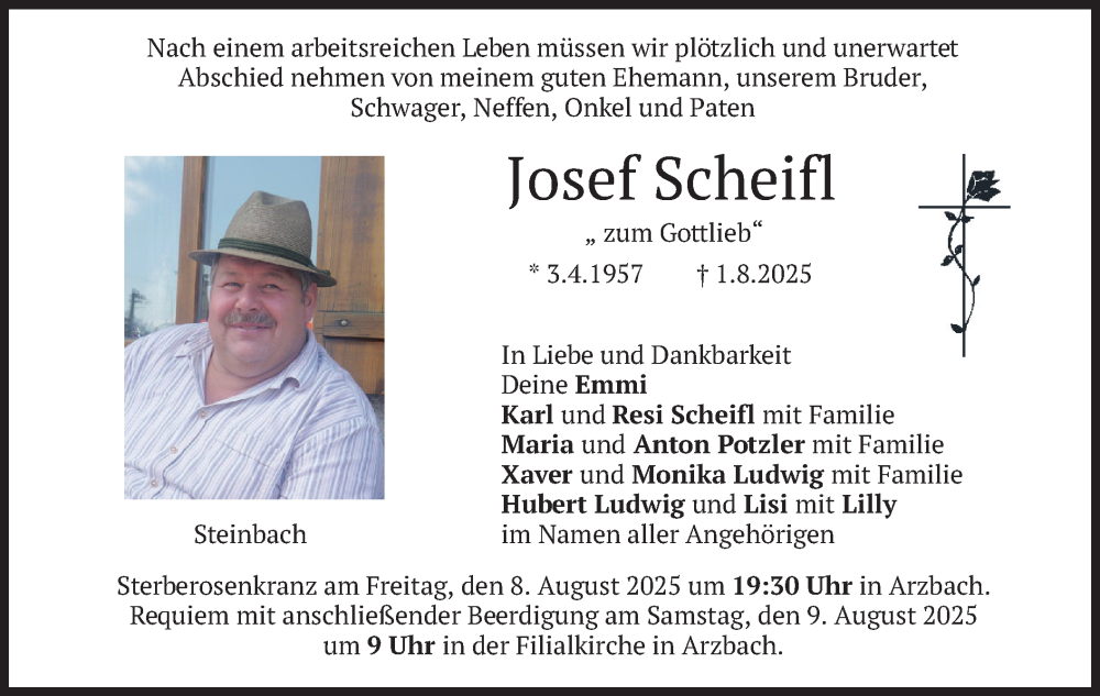  Traueranzeige für Josef Scheifl vom 07.08.2025 aus merkurtz
