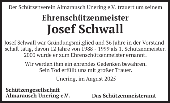 Traueranzeige von Josef Schwall von merkurtz