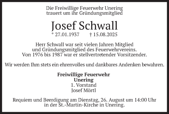 Traueranzeige von Josef Schwall von merkurtz