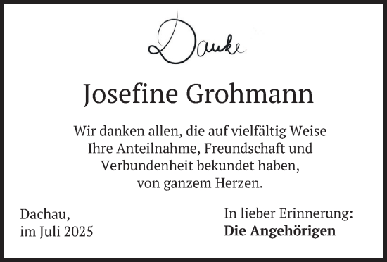 Traueranzeige von Josefine Grohmann von merkurtz