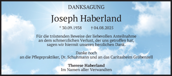 Traueranzeige von Joseph Haberland von merkurtz
