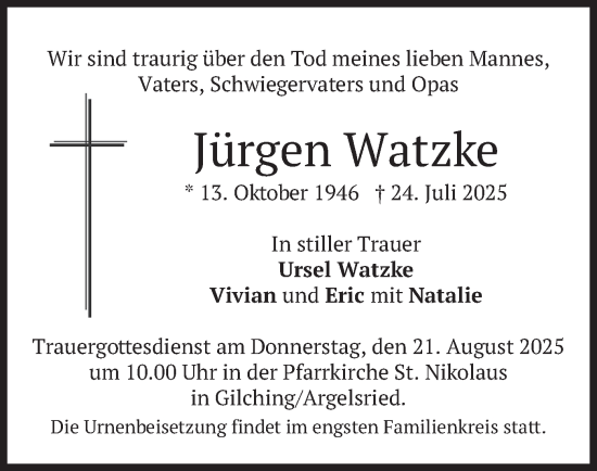 Traueranzeige von Jürgen Watzke von merkurtz