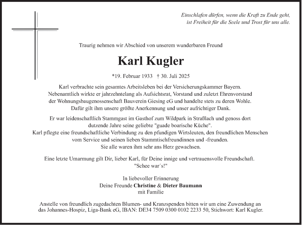  Traueranzeige für Karl Kugler vom 02.08.2025 aus merkurtz