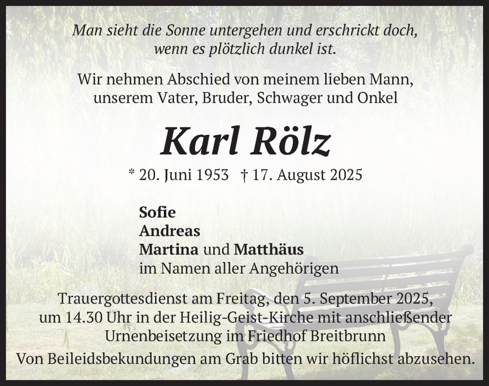  Traueranzeige für Karl Rölz vom 30.08.2025 aus merkurtz