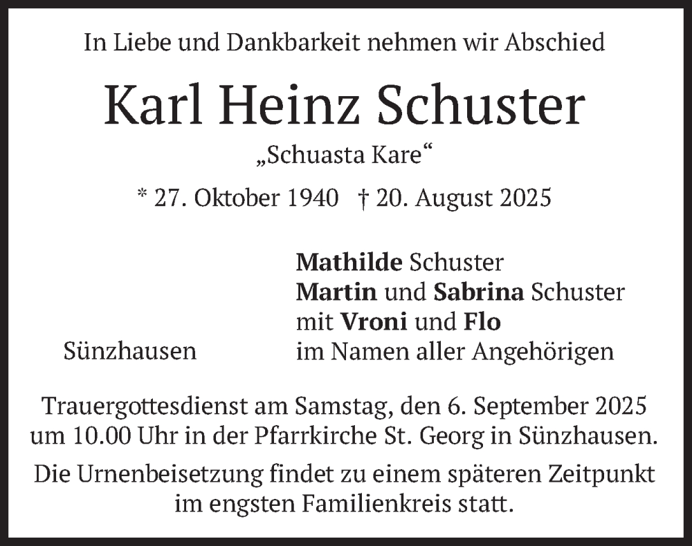  Traueranzeige für Karl Heinz Schuster vom 30.08.2025 aus merkurtz