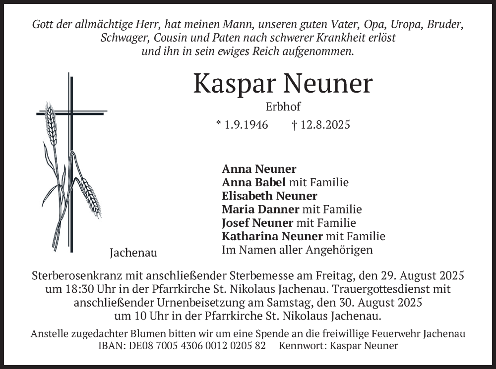  Traueranzeige für Kaspar Neuner vom 27.08.2025 aus merkurtz