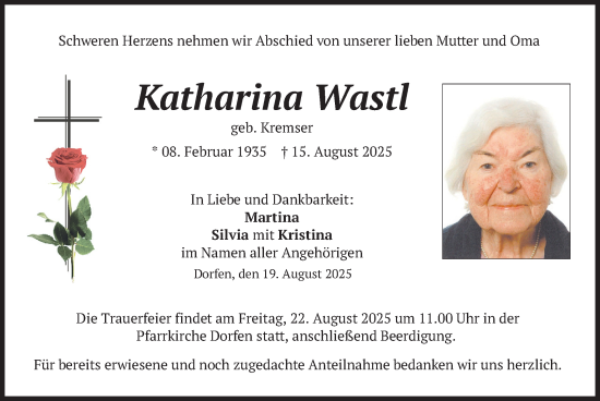 Traueranzeige von Katharina Wastl von merkurtz