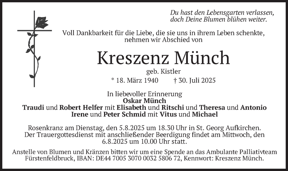  Traueranzeige für Kreszenz Münch vom 02.08.2025 aus merkurtz