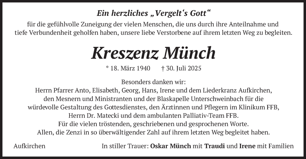  Traueranzeige für Kreszenz Münch vom 09.08.2025 aus merkurtz