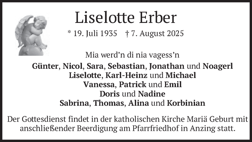  Traueranzeige für Liselotte Erber vom 09.08.2025 aus merkurtz
