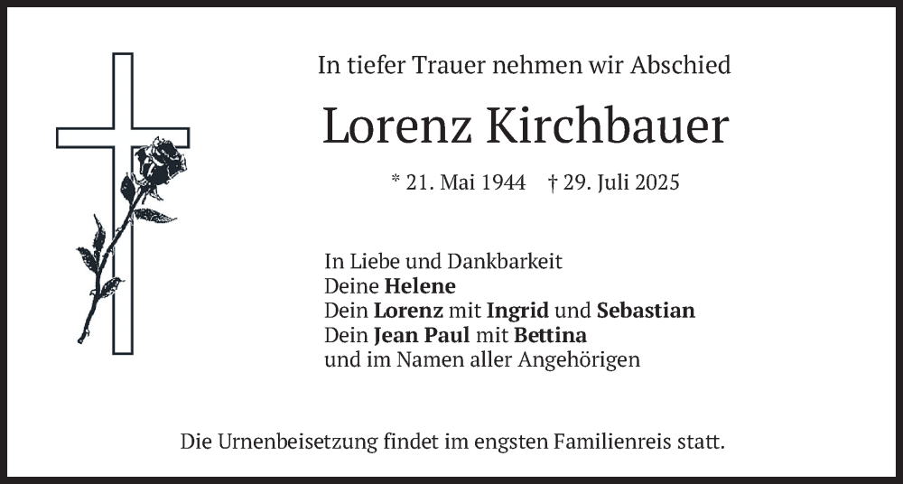  Traueranzeige für Lorenz Kirchbauer vom 02.08.2025 aus merkurtz
