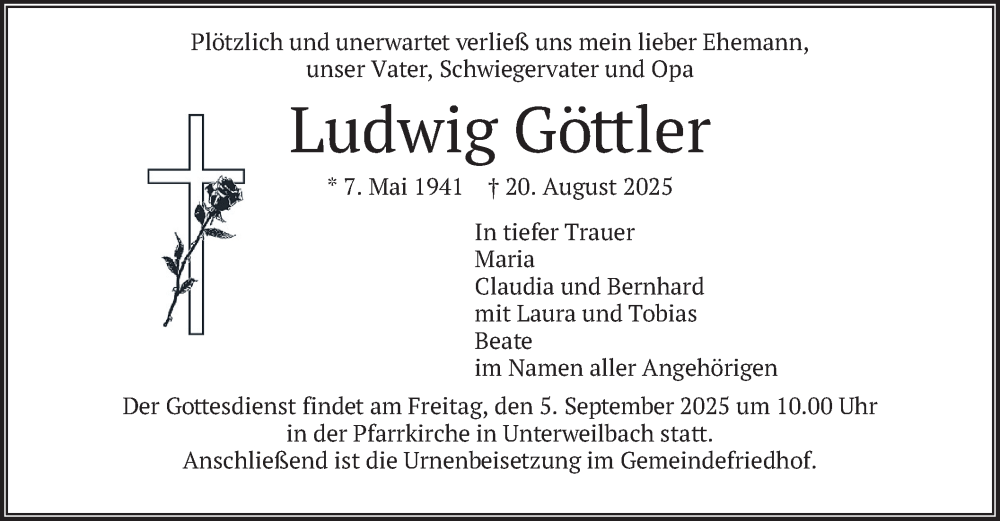  Traueranzeige für Ludwig Göttler vom 30.08.2025 aus merkurtz