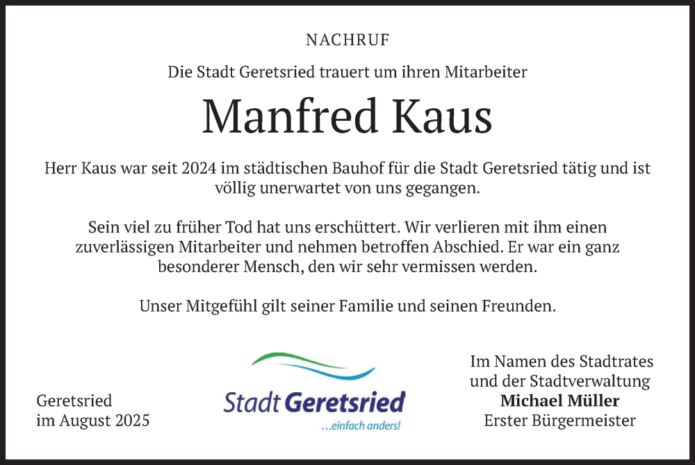  Traueranzeige für Manfred Kaus vom 07.08.2025 aus merkurtz