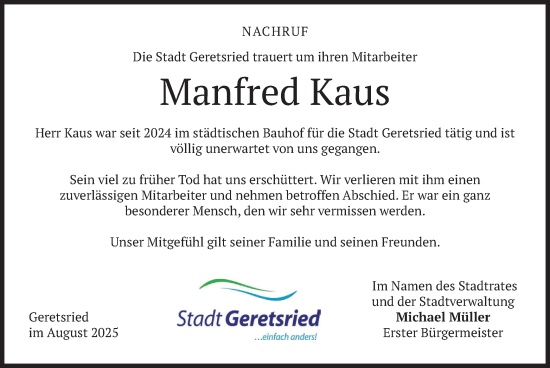 Traueranzeige von Manfred Kaus von merkurtz