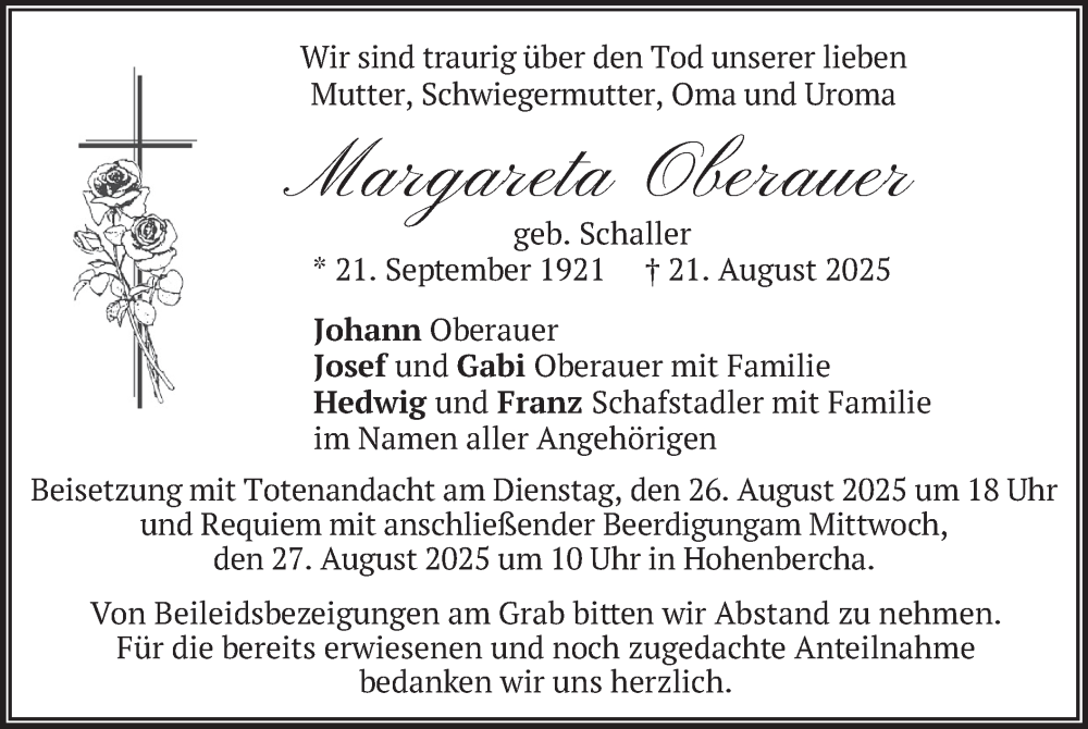  Traueranzeige für Margareta Oberauer vom 23.08.2025 aus merkurtz