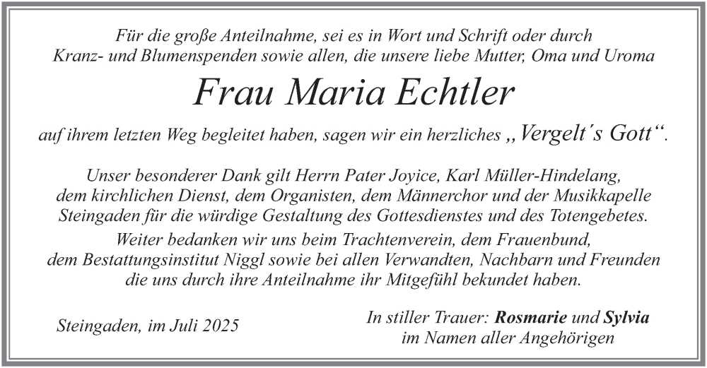  Traueranzeige für Maria Echtler vom 08.08.2025 aus merkurtz