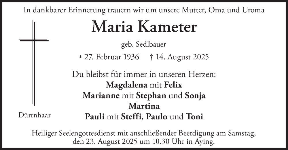  Traueranzeige für Maria Kameter vom 22.08.2025 aus merkurtz