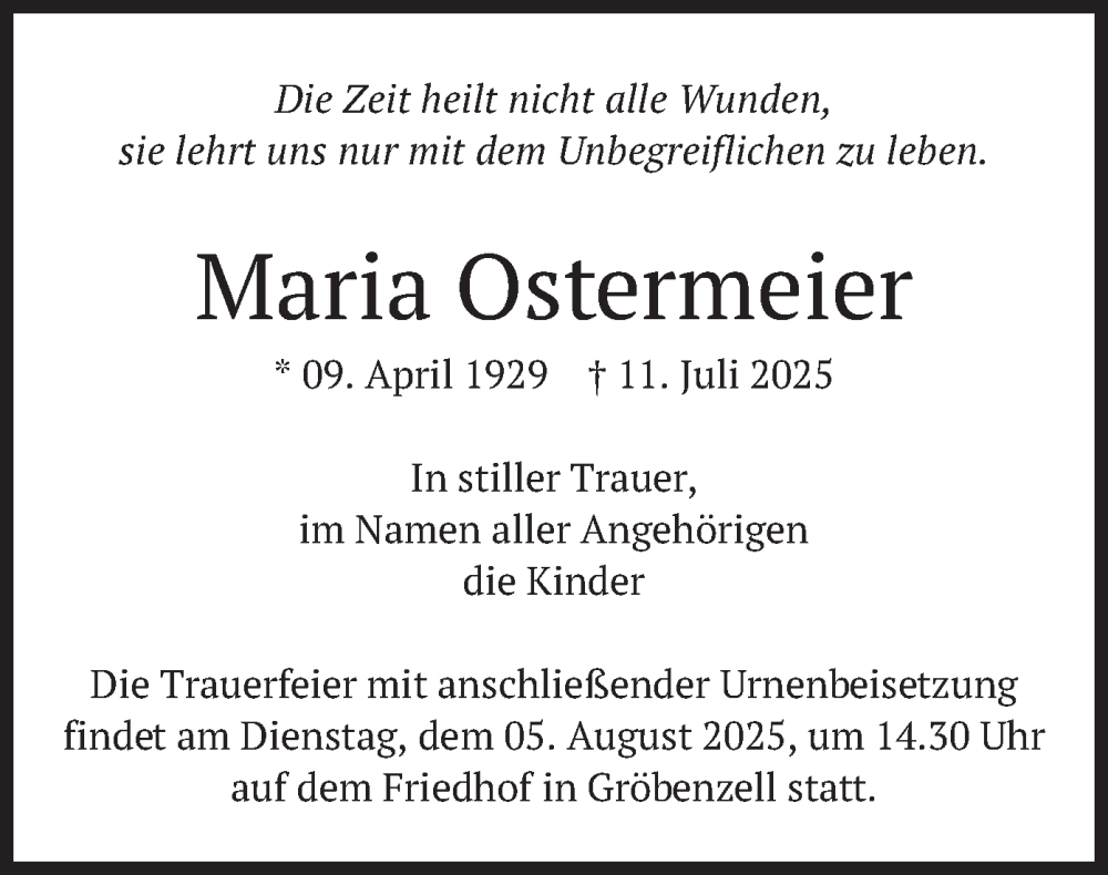  Traueranzeige für Maria Ostermeier vom 02.08.2025 aus merkurtz