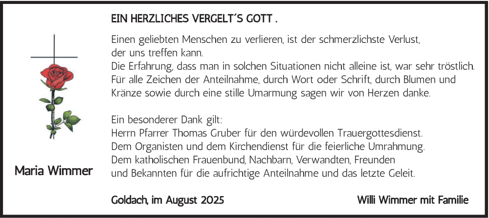  Traueranzeige für Maria Wimmer vom 09.08.2025 aus merkurtz