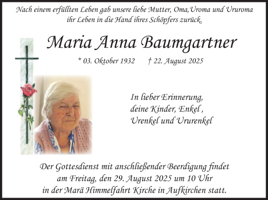 Traueranzeige von Maria Anna Baumgartner von merkurtz