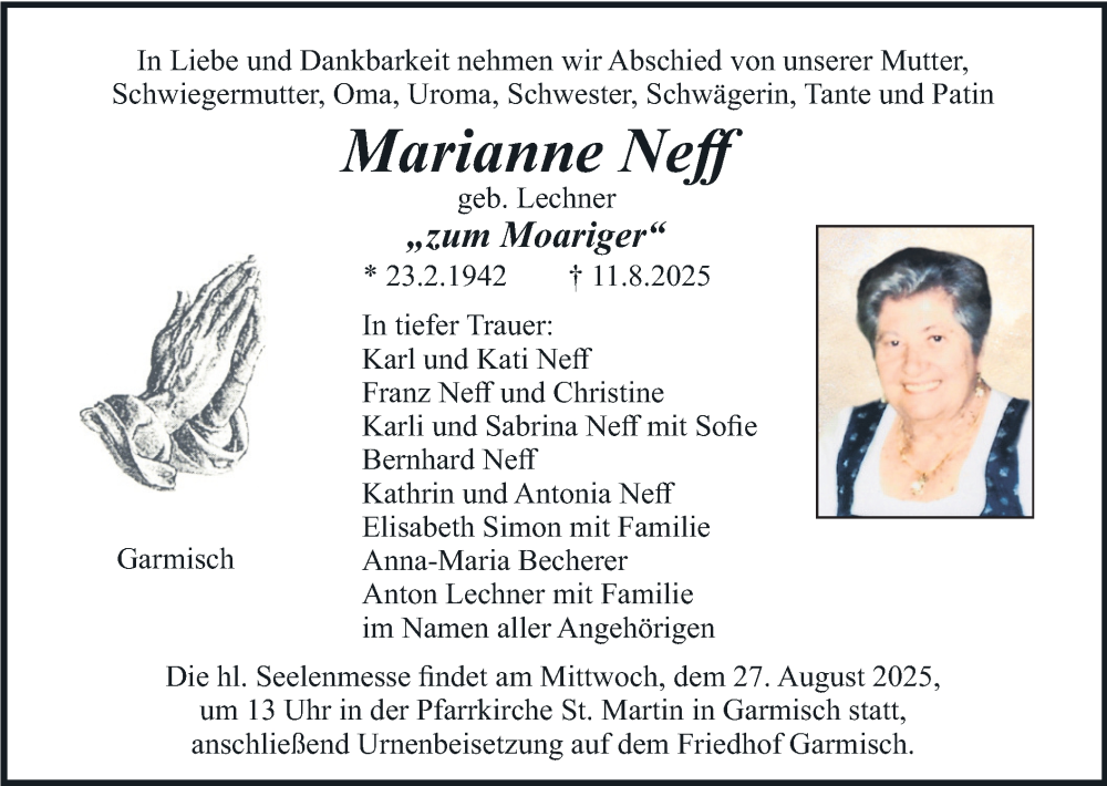  Traueranzeige für Marianne Neff vom 23.08.2025 aus merkurtz