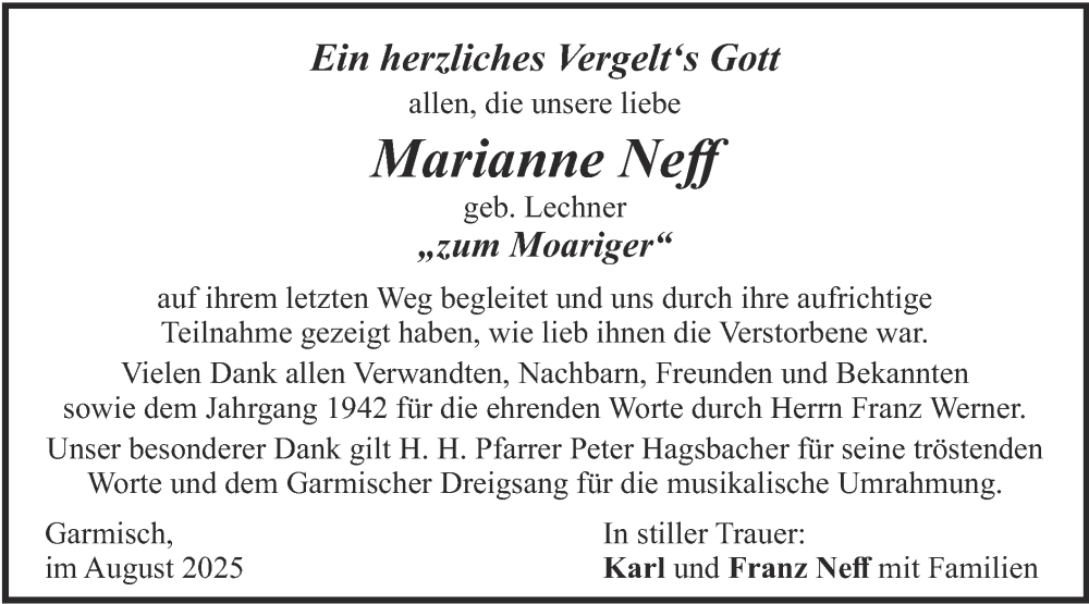  Traueranzeige für Marianne Neff vom 30.08.2025 aus merkurtz
