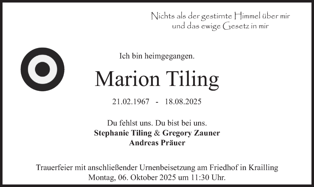  Traueranzeige für Marion Tiling vom 30.08.2025 aus merkurtz